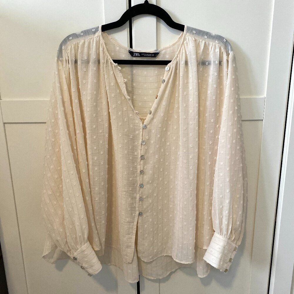 Zara Cream Swiss Dot Cotton Blouse Romantic Cottagecore Boho Top, Size M